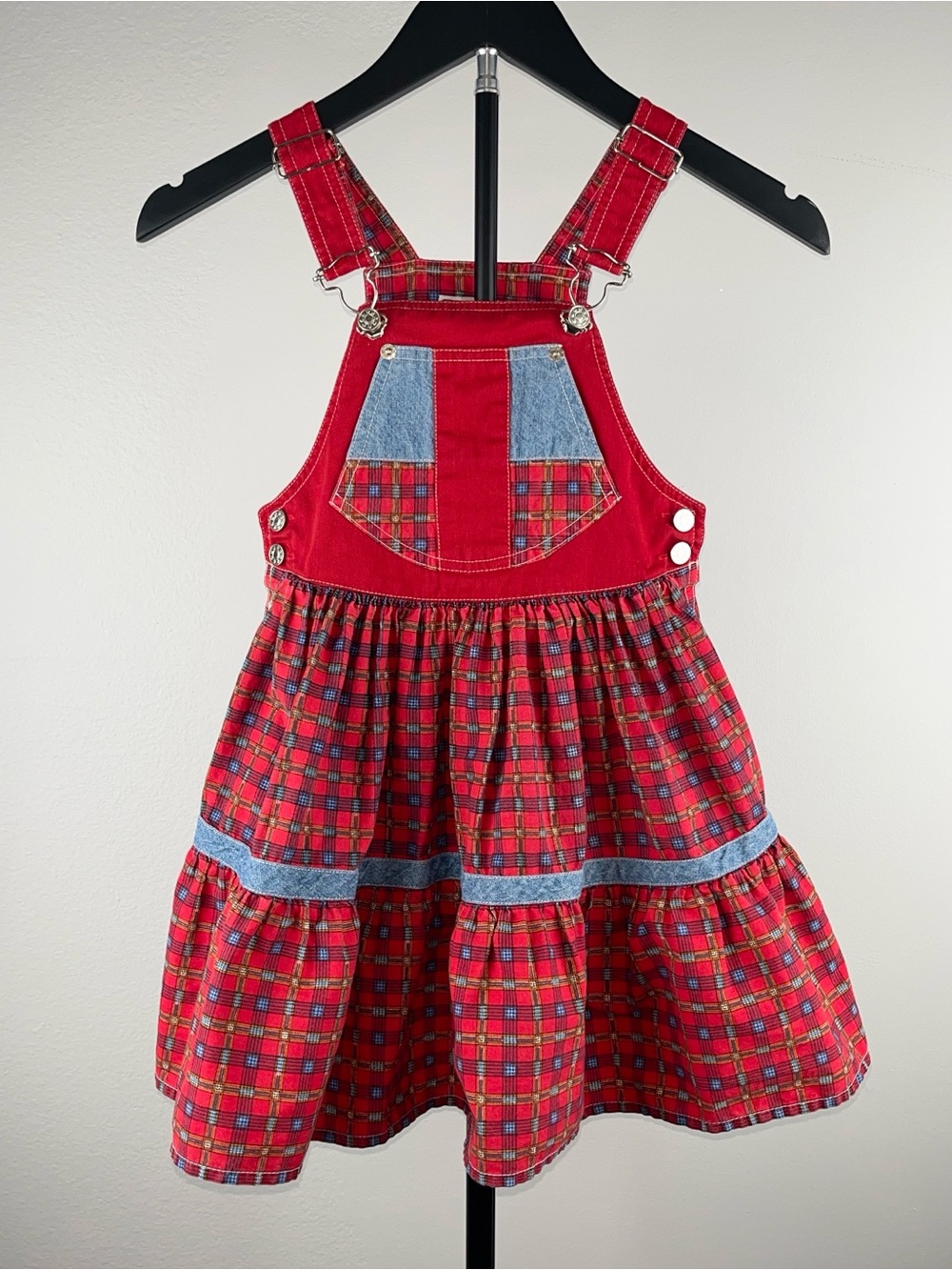 CARLISLE KIDS 1990s Vintage Red Plaid Denim Trim Tiered Overall Pinafore Dress 5
